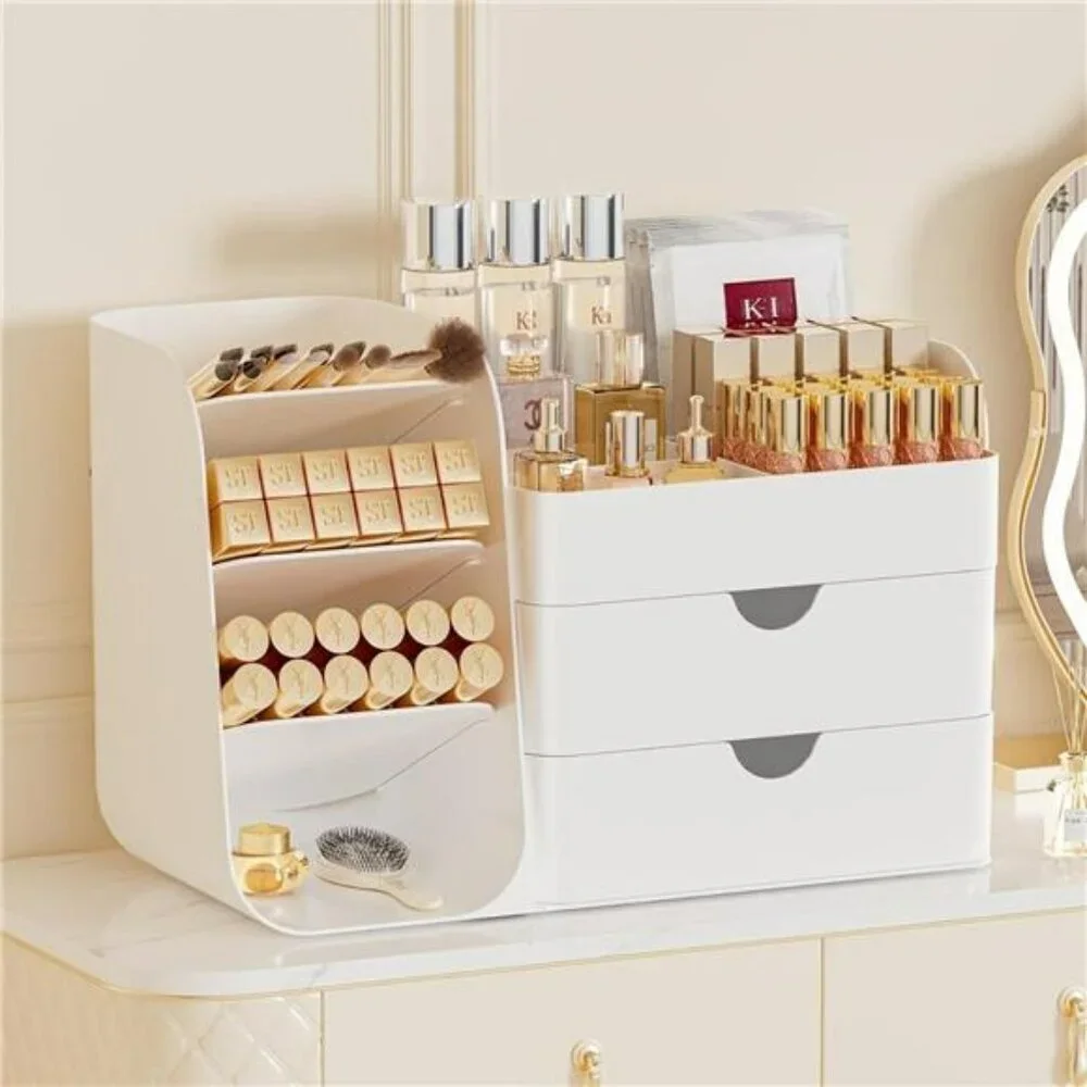 Large makeup organizer with drawers and brush holder vanity countertop storage